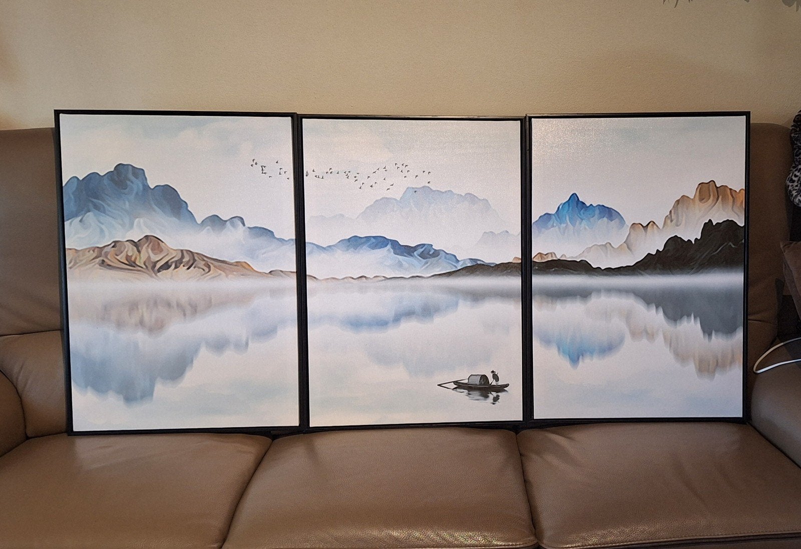 Drieluik Schilderij Landschap 150x70 cm Blauw en aard tinten, Antiek en Kunst, Op houten frame, Zeefdruk, Textiel, Landschap