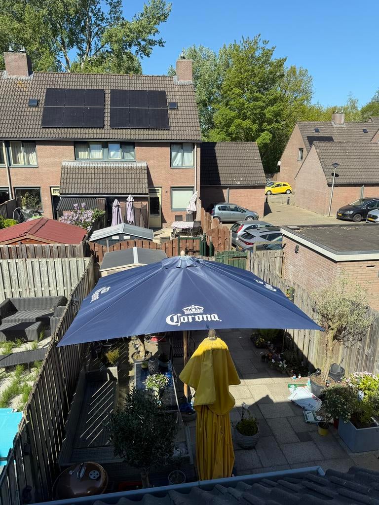 Corona,desperados,heineken,coca cola horeca parasol 4x4, Tuin en Terras, Parasols, Ophalen, Nieuw, Waterdicht, Strandparasol