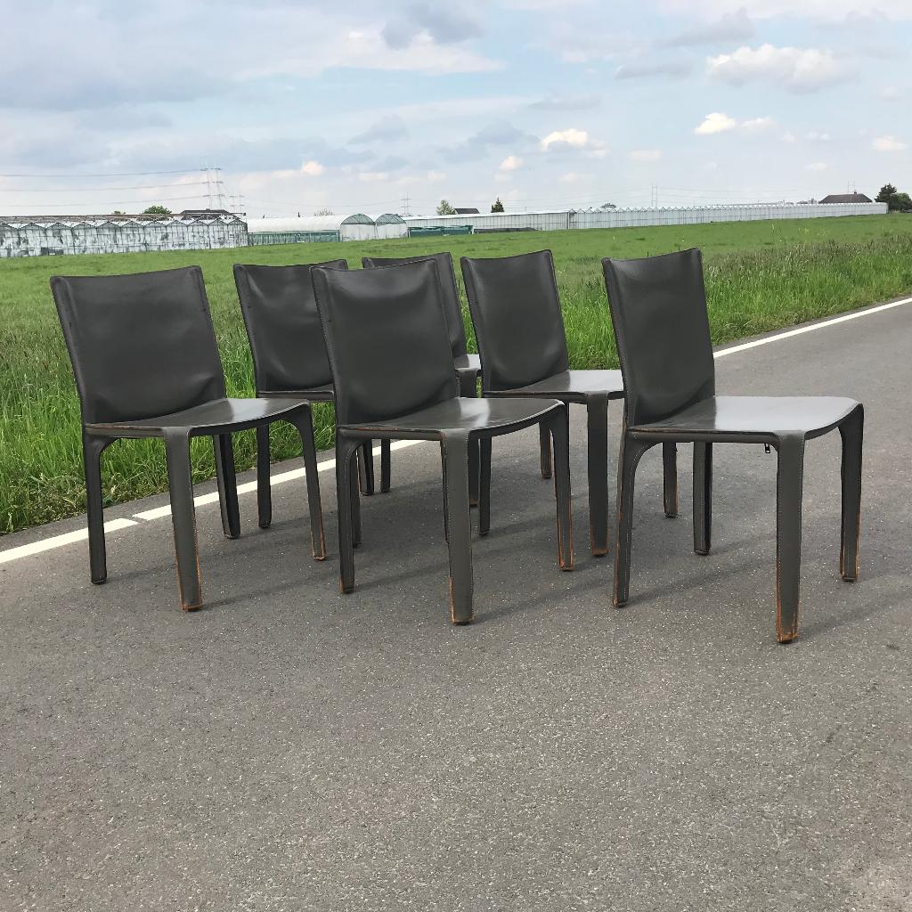6 Cassina Cab 412 stoelen stoel grijs leer vintage design, Huis en Inrichting, Ophalen, Gebruikt, Twee, Leer