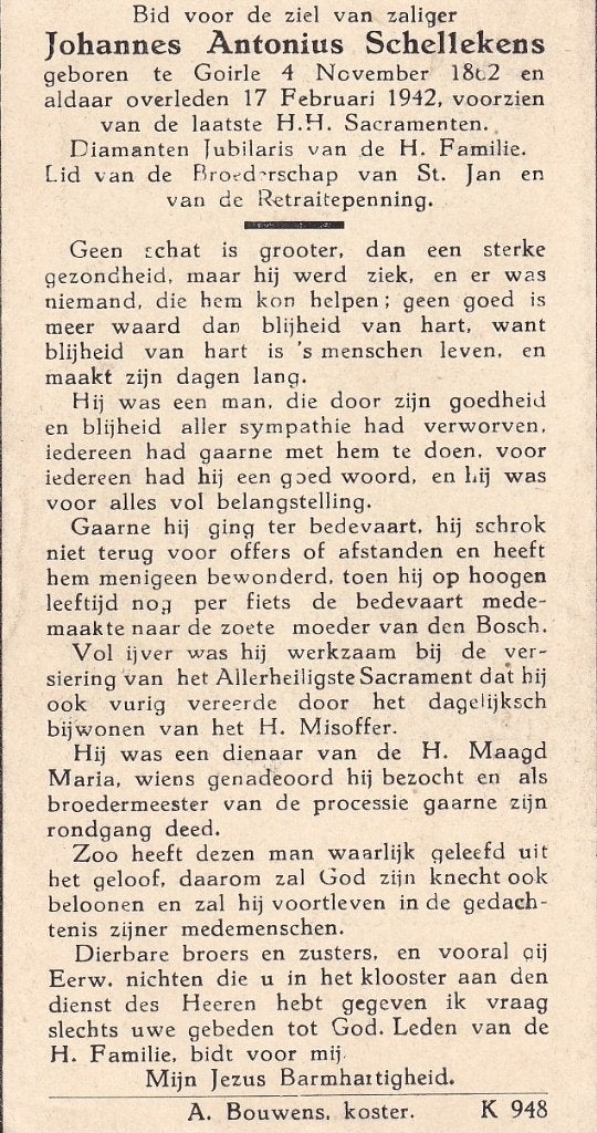 Schellekens Johannes 1862 Goirle 1942, Ophalen of Verzenden, Bidprentje