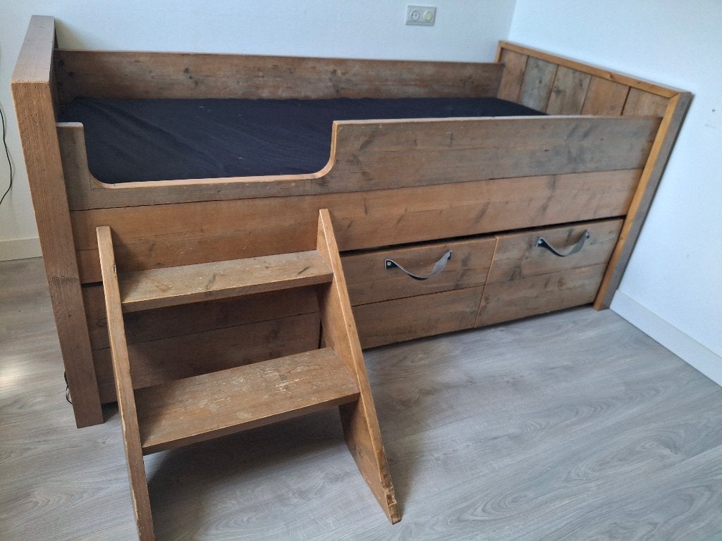 1 persoons kinderbed van steigerhout, Ophalen, Gebruikt, 100 cm of meer, Lattenbodem