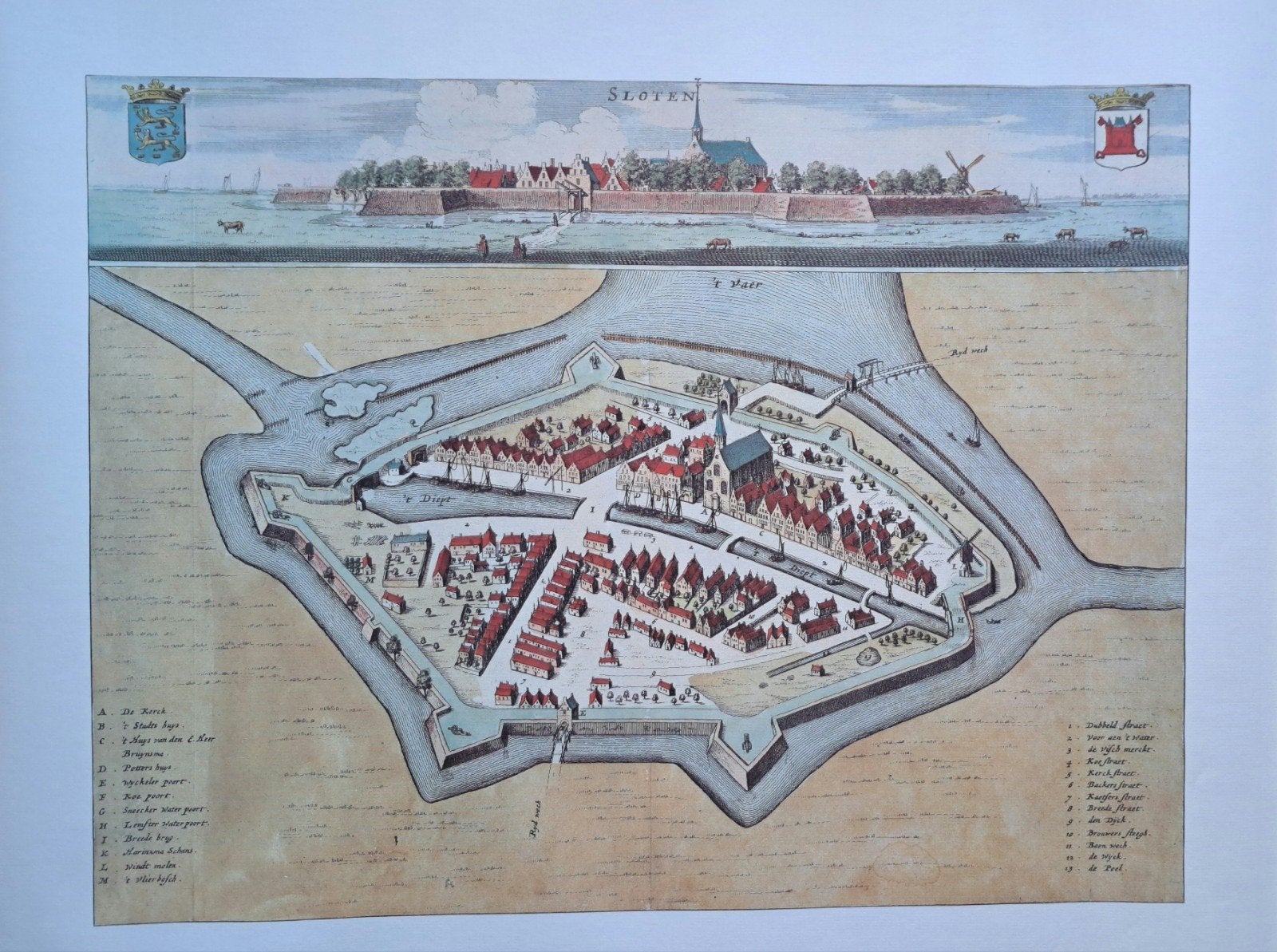 Kleurenreproductie 17e eeuwse stadsplattegrond Sloten, Boeken, Ophalen, Zo goed als nieuw, Nederland, Landkaart
