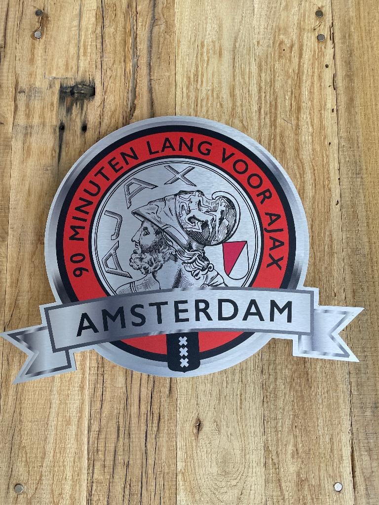 Reclamebord Embleem Ajax 90 minuten lang (rood) aluminium, Ophalen of Verzenden, Nieuw, Reclamebord