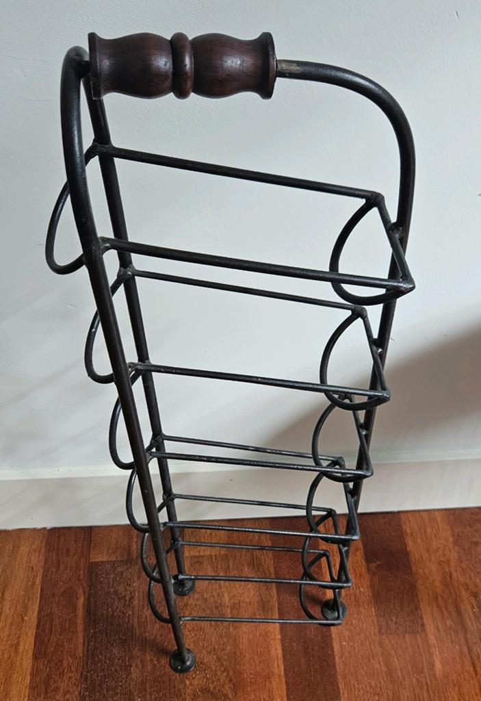 Elegant wijnrek metaal met houten handvat (6 flessen), Ophalen, Zo goed als nieuw, Metaal, 5 tot 15 flessen