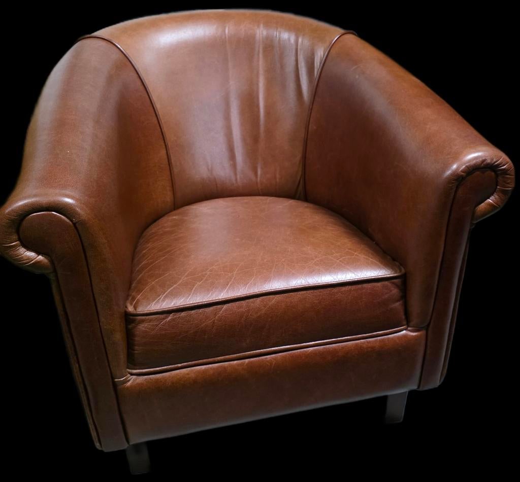 Cognac leren Chesterfield club fauteuil - GRATIS BEZORGD, Gebruikt, ., Chesterfield, Ophalen of Verzenden