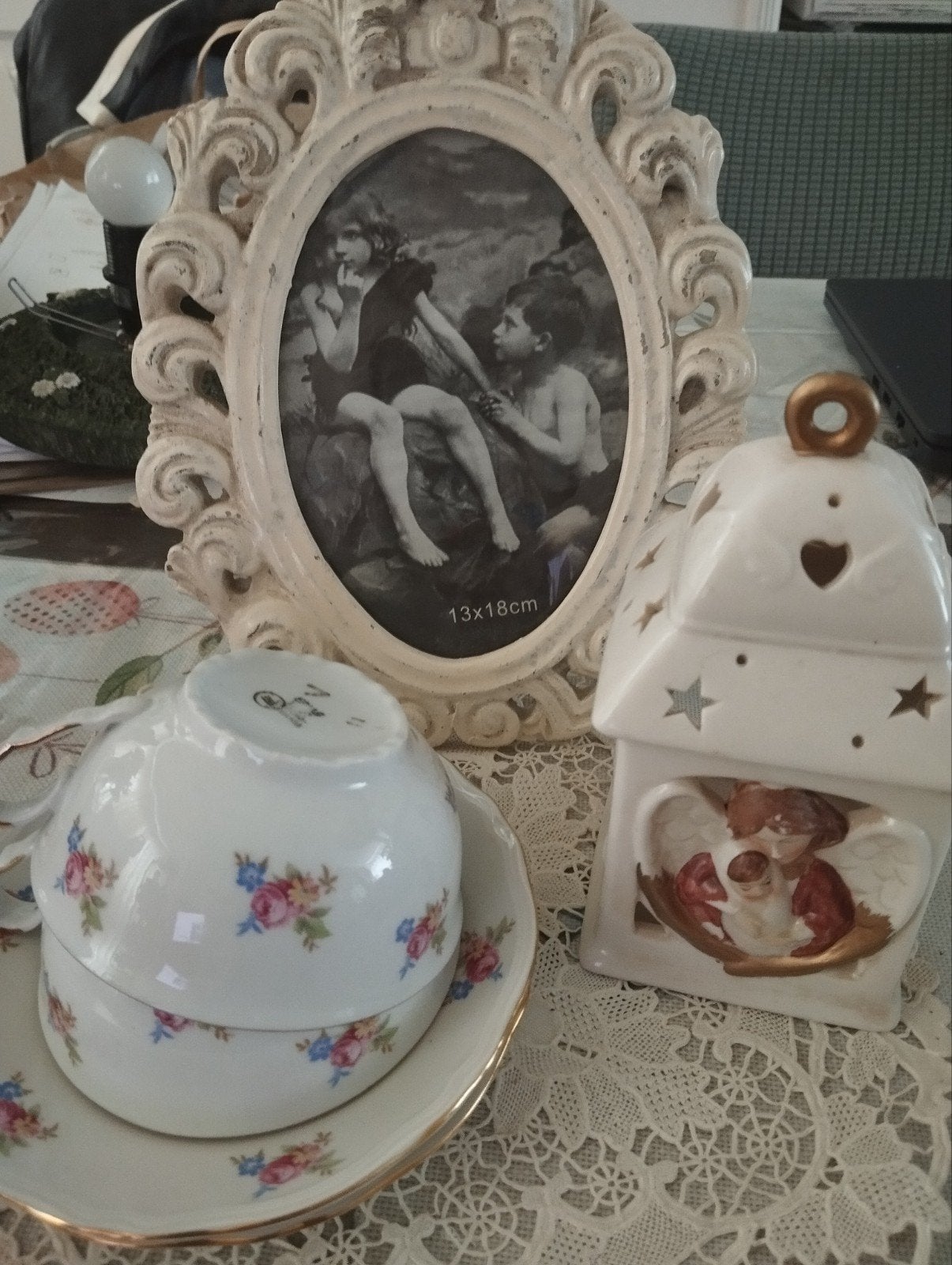 Schattige Brocante Set: Fotolijst, Kop en Schotel, Windlicht, Ophalen of Verzenden