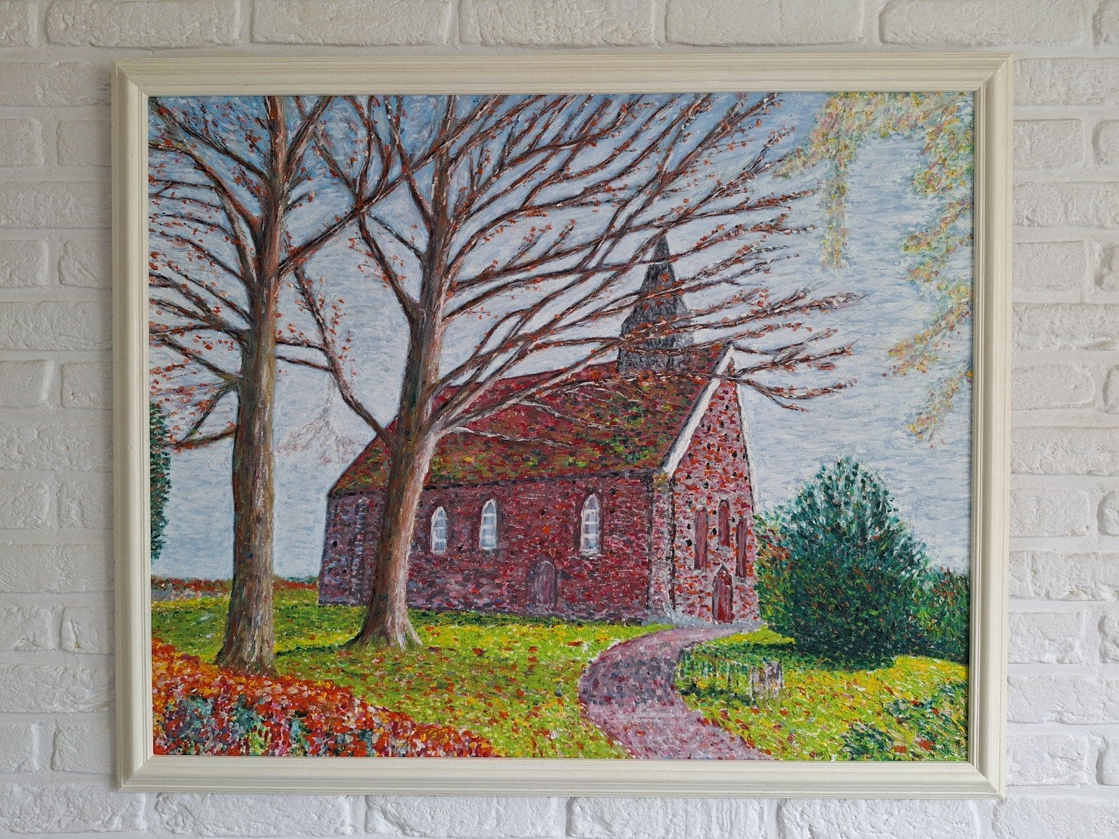 Schilderij van een kerk in een herfstlandschap, Ophalen of Verzenden