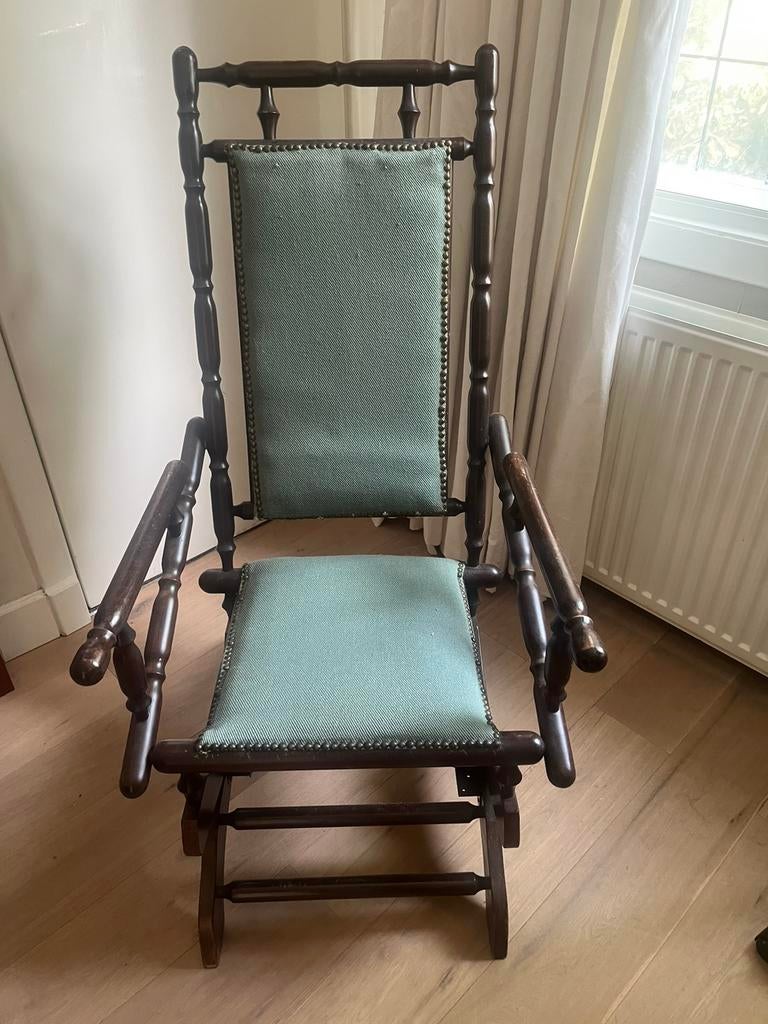 Engelse eiken schommelstoel ( groene bekleding), Antiek en Kunst, Antiek | Meubels | Stoelen en Banken, Ophalen