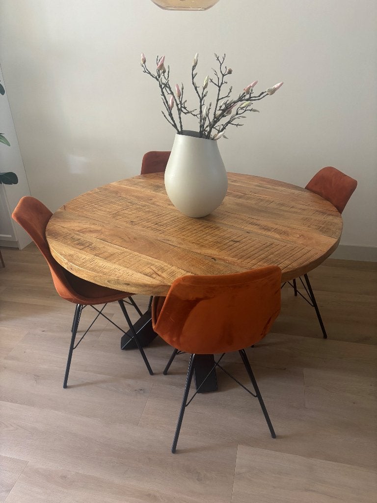 Ronde eettafel mangohout, Rustiek, Rond, Zo goed als nieuw, Vijf personen of meer