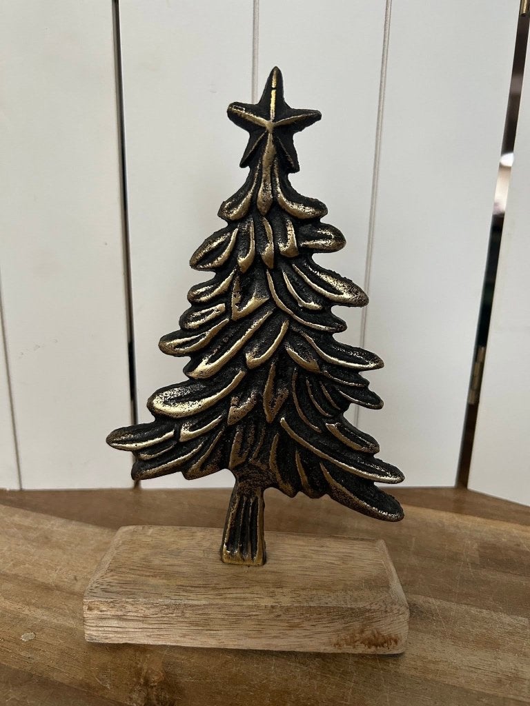 Metalen kerstboom op houten voet – Goud / Messing look, Ophalen of Verzenden, Zo goed als nieuw, Versiering, Kerst of Sinterklaas