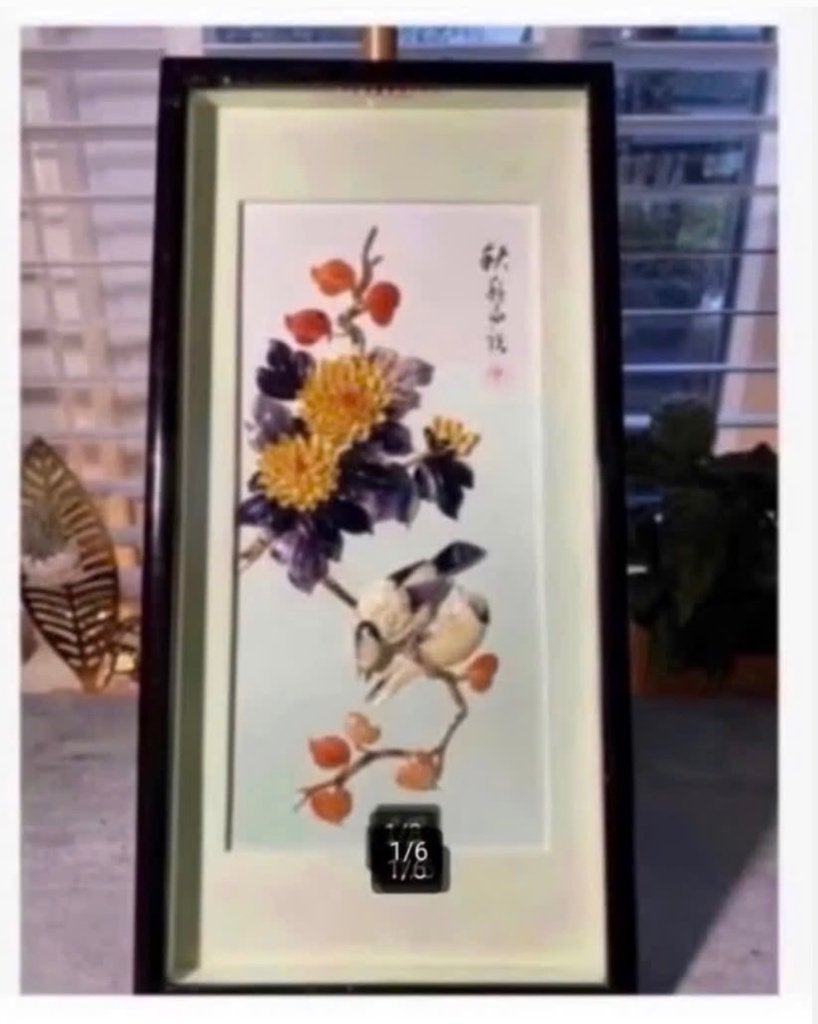 Chinese kunst, lijst bloemen vogels schelp parelmoer, Antiek en Kunst, Ophalen of Verzenden