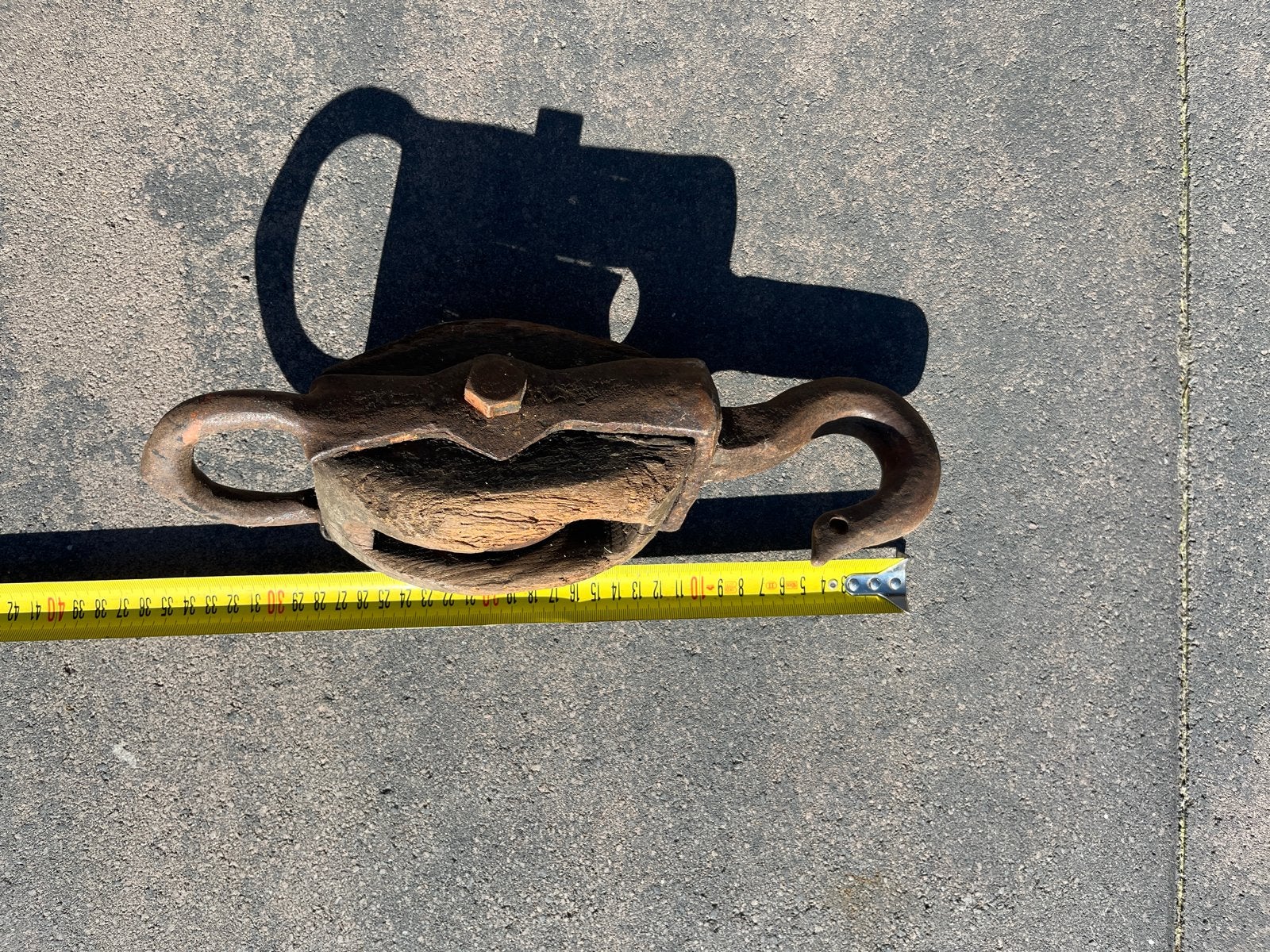 Antieke houten katrol met ijzeren haak, Ophalen of Verzenden