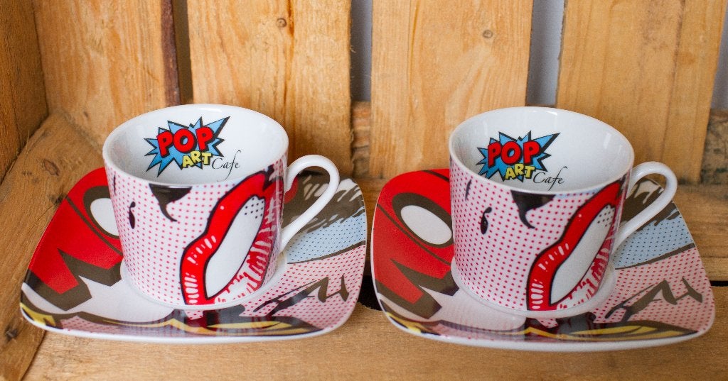 2x Pop Art Cafe kop en schotel - porselein, Ophalen, Gebruikt, Overige merken, Overige stijlen