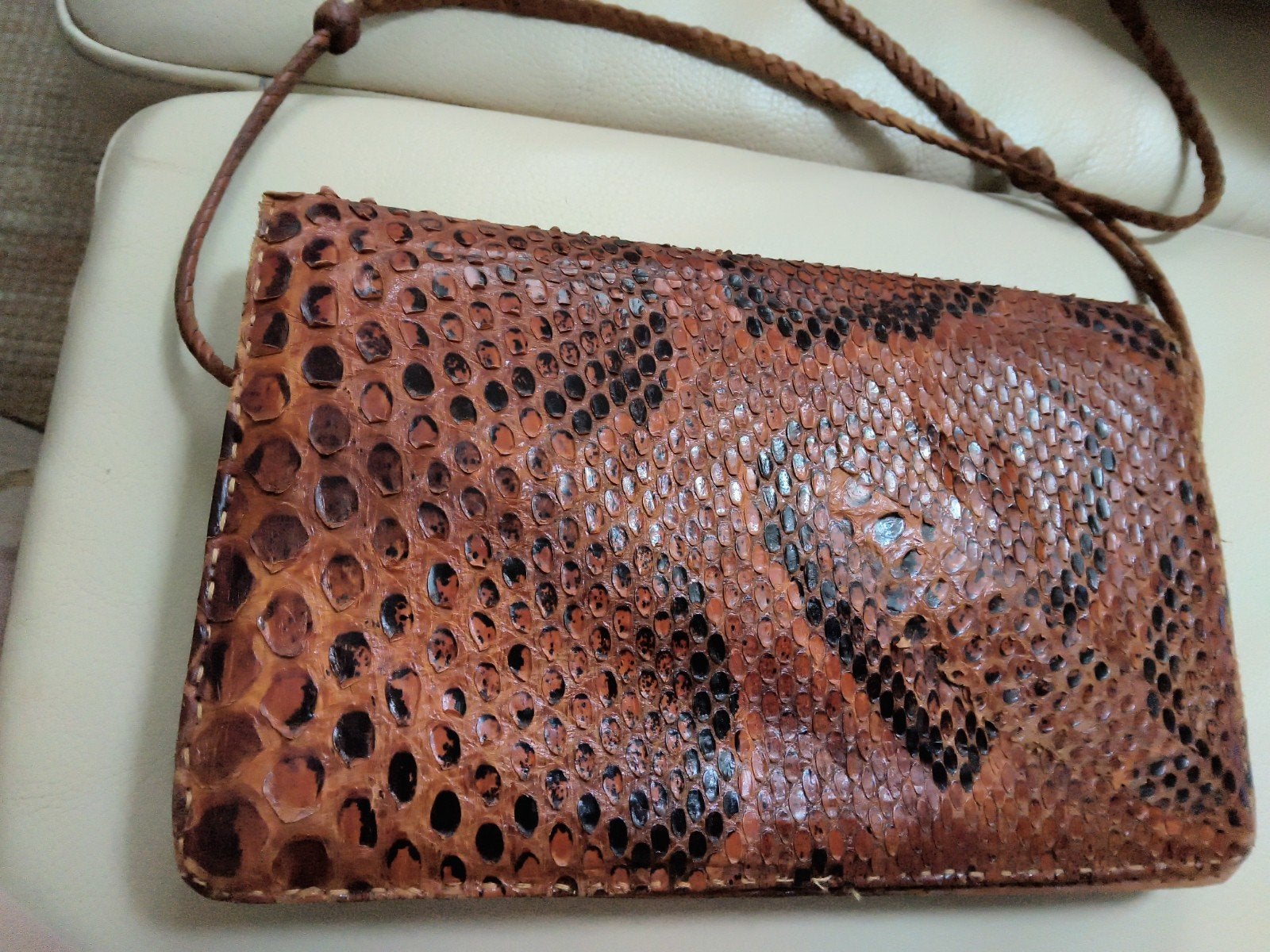 Vintage Slangenleren Schoudertas/Clutch - Bruin Python, Sieraden, Tassen en Uiterlijk, Ophalen of Verzenden, Gebruikt, Bruin, Schoudertasje