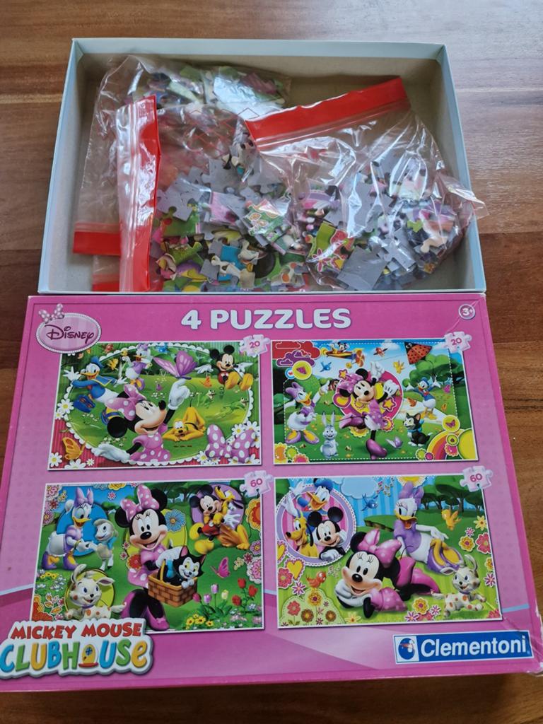 Disney Mickey Mouse Clubhouse 4 Puzzels Clementoni, Ophalen of Verzenden, Meer dan 50 stukjes, Gebruikt, 2 tot 4 jaar