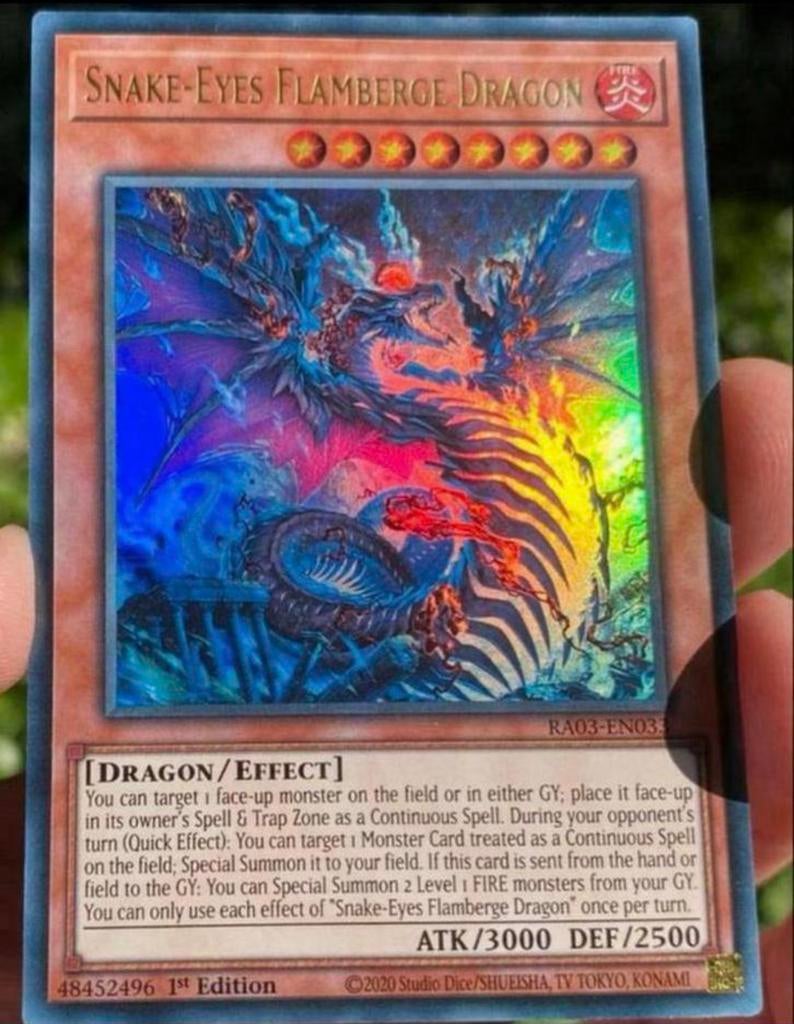 Yu-Gi-Oh! Snake Eyes Flamberge Dragon RA03 1st M/NM !, Ophalen of Verzenden, Zo goed als nieuw, Losse kaart, Foil