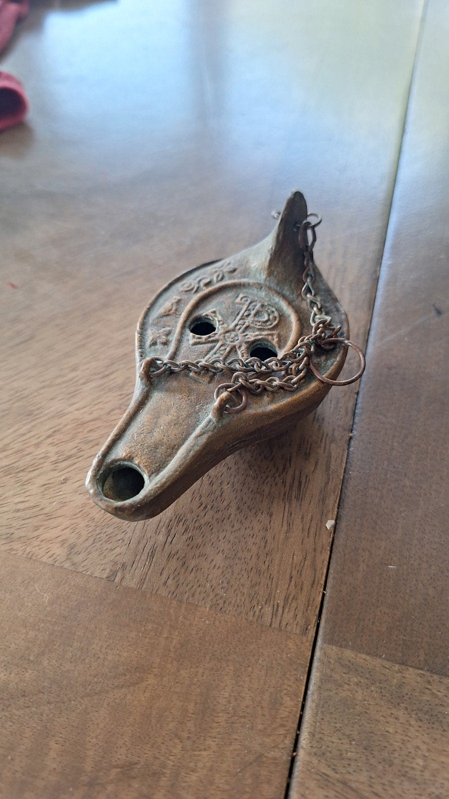Antieke bronzen olielamp met ketting, Antiek en Kunst, Ophalen