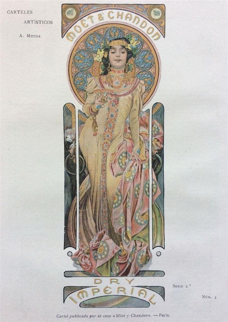 Origineel Alphonse Mucha Moet Chandon Chromo Litho affiche, Antiek en Kunst, Verzenden