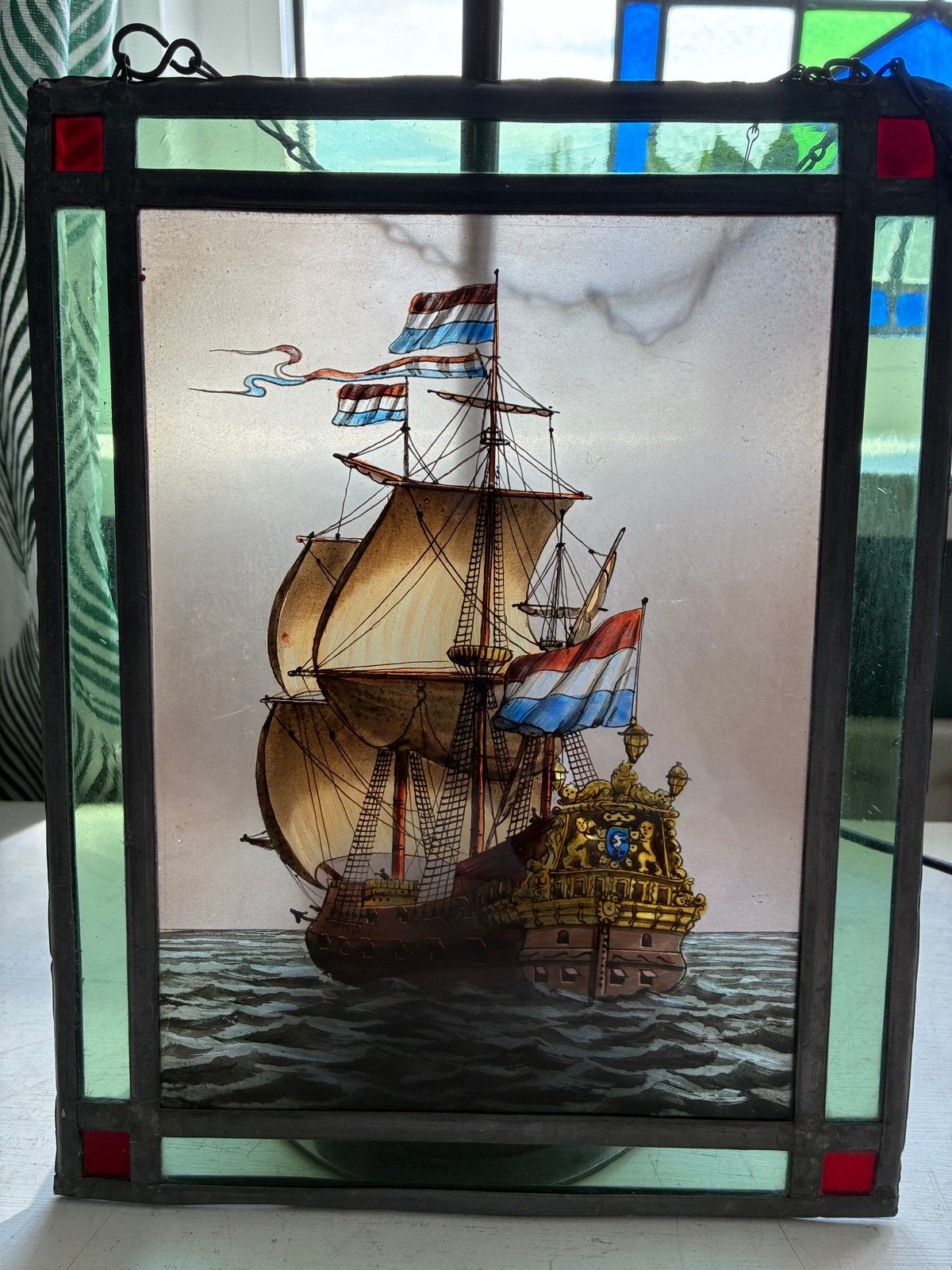 Glas-in-lood paneel met VOC schip - 30 x 23 cm, Ophalen