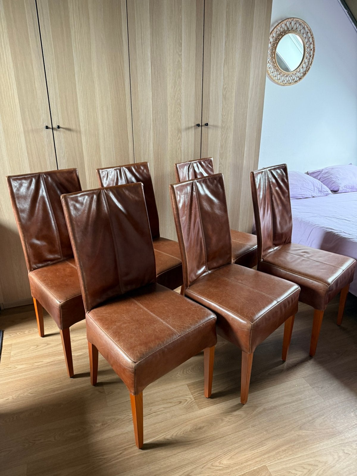 6 Leren Eetkamerstoelen, Huis en Inrichting, Stoelen, Ophalen, Gebruikt, Bruin, Leer