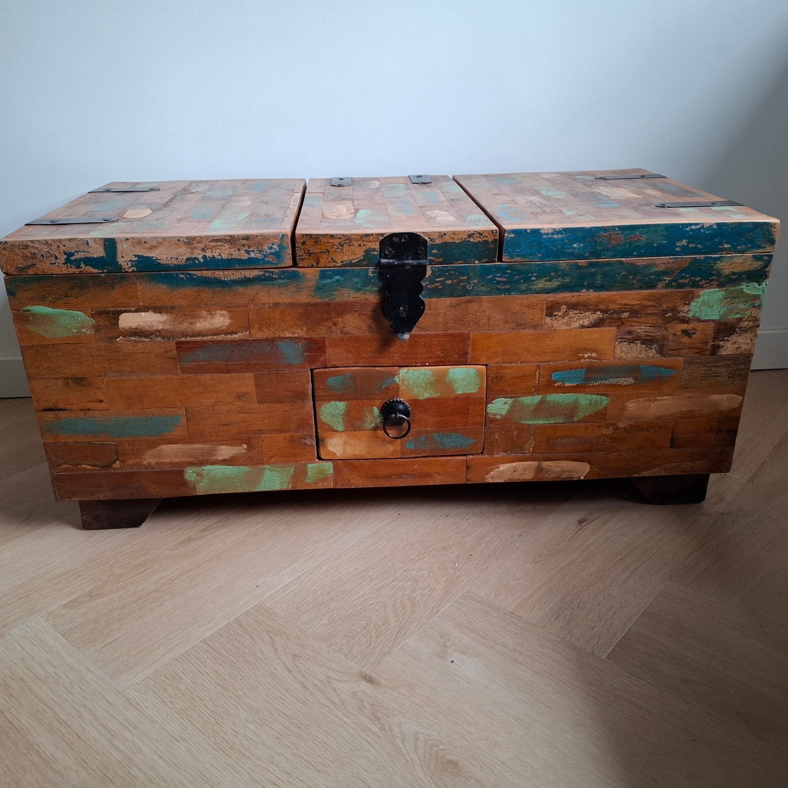 Unieke houten kist/bankje met opbergruimte, 100 tot 150 cm, 50 tot 75 cm, Nieuw, Ophalen of Verzenden