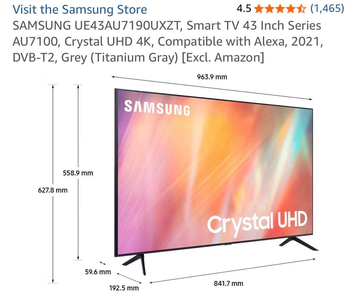 Samsung UE43AU7190UXZT Smart TV 43 inch Crystal UHD 4K
