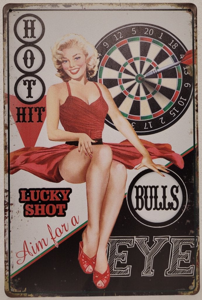 Darts pinup bullseye lucky shot reclamebord van metaal deco, Info@deconoord.nl, Deco Noord, Nieuw, Ophalen of Verzenden