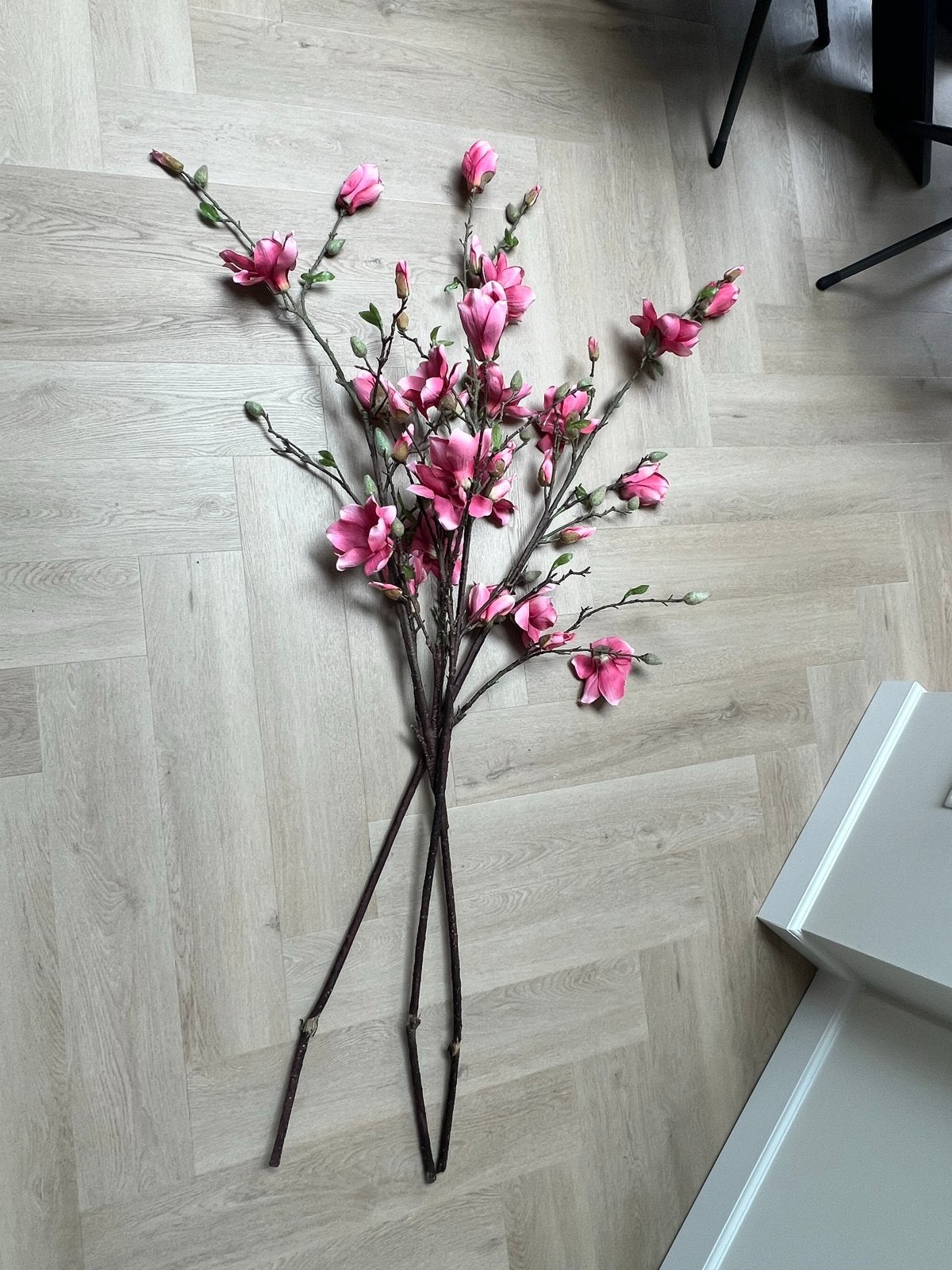 Kunst magnolia takken - 3 stuks, 1.55m hoog, Ophalen, Binnen, Roze, Kunststof
