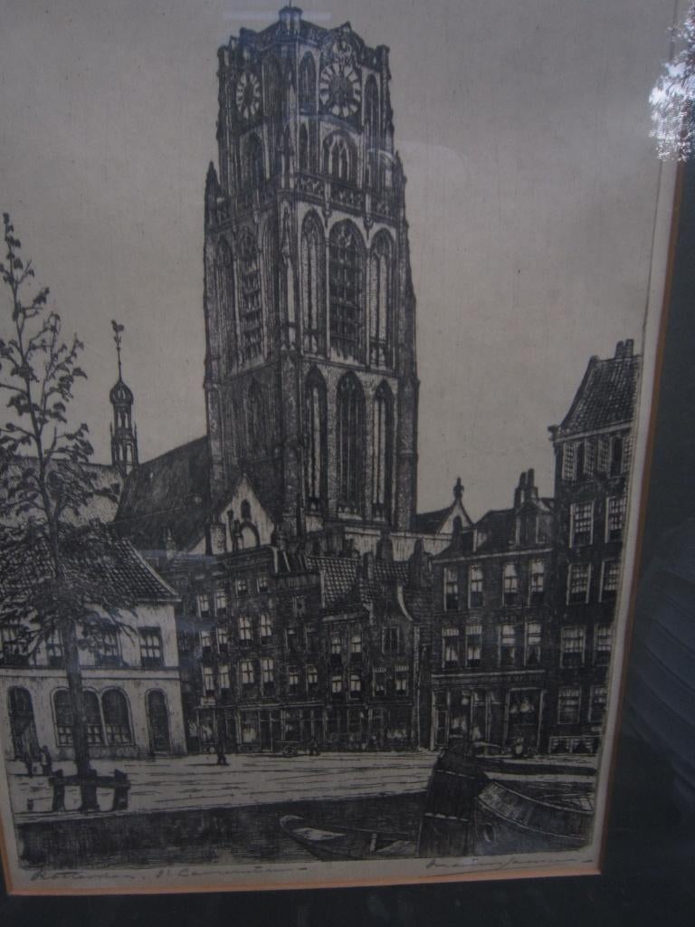 Marius Janssen, Mooie ets van de Laurenstoren Rotterdam, Antiek en Kunst, Ophalen of Verzenden