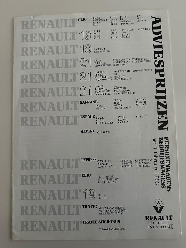Prijslijst Renault Clio 19 21 alpine safrane, Ophalen of Verzenden, Gelezen, Renault