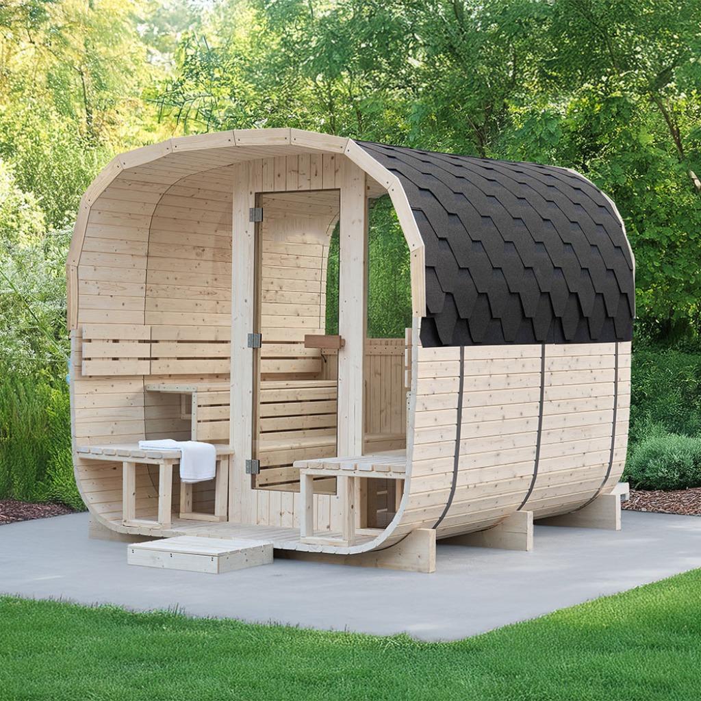 LUXE BARREL SAUNA | HARVIA HOUTKACHEL | PANORAMA GLASWAND