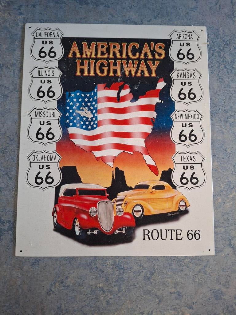 Route 66 Metalen Wandbord - Mancave, Ophalen of Verzenden, Zo goed als nieuw