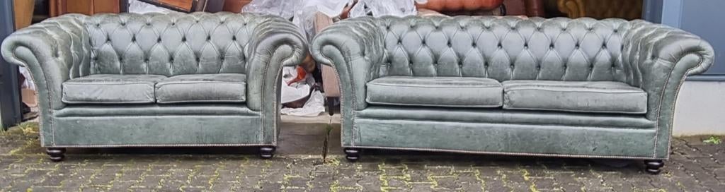 Chesterfield 3+2 zit bank groen leer + BEZORGING GRATIS