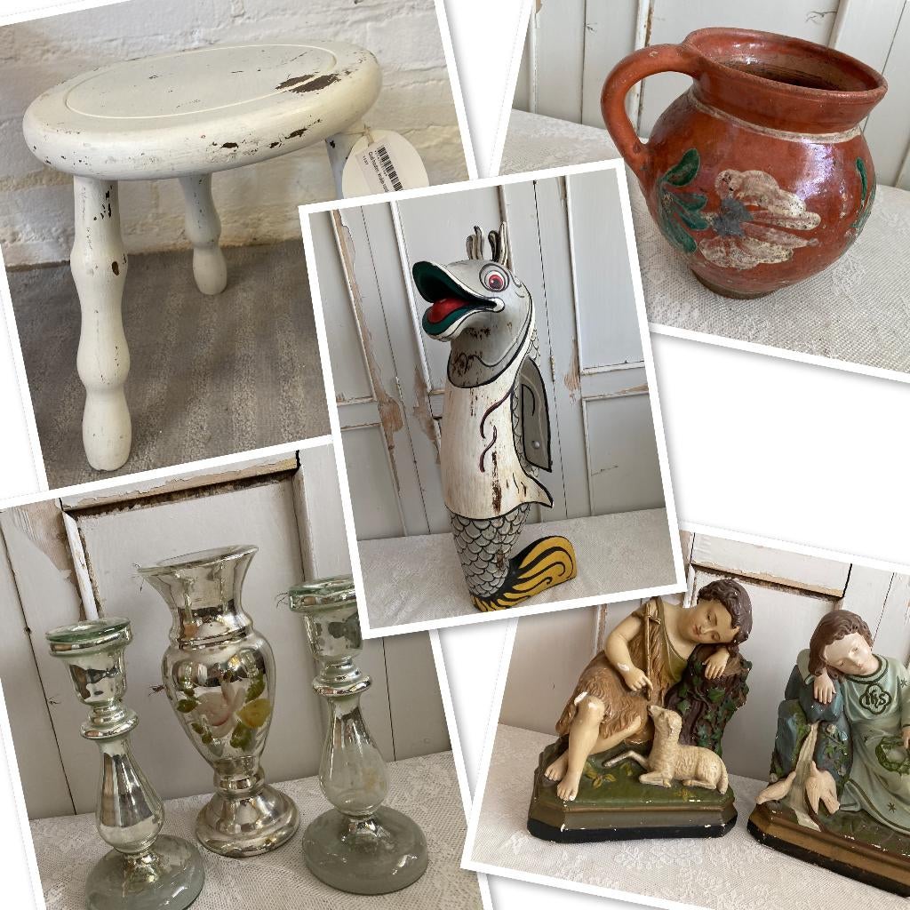 Brocante glazen stolp - melk- waterkan - houten vis - vaasje, Antiek en Kunst, Curiosa en Brocante, Ophalen of Verzenden