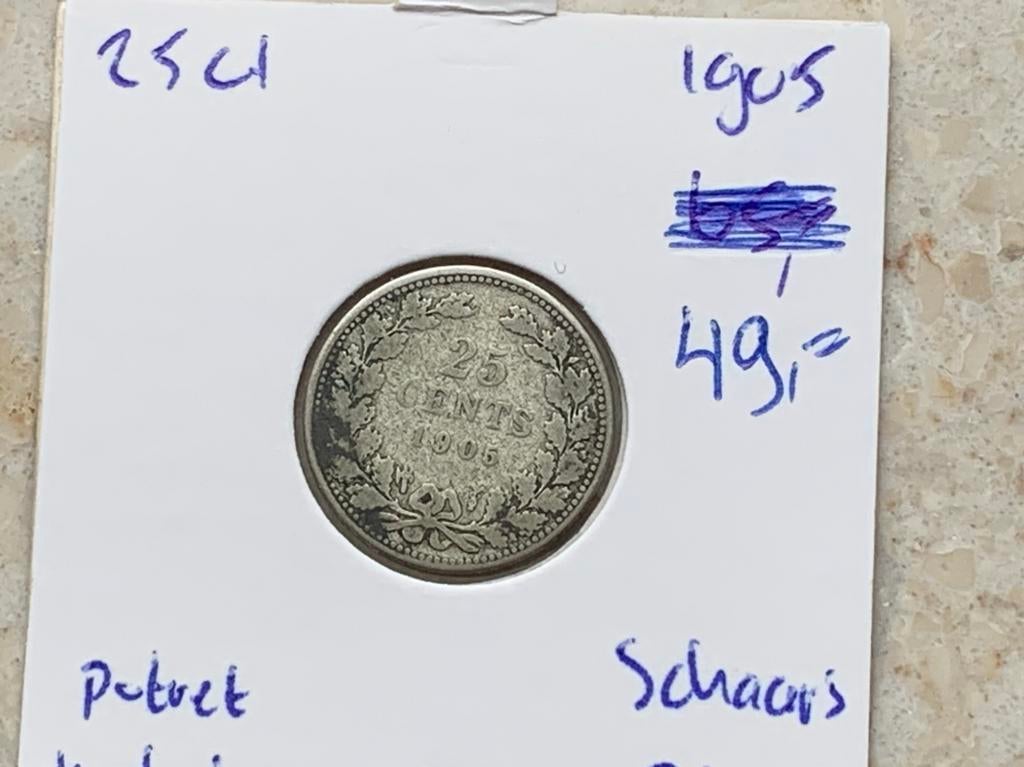 Zilver kwartje wilhelmina 1905, Ophalen of Verzenden, Koningin Wilhelmina, 25 cent, Zilver