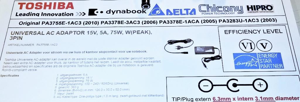 Toshiba Pro PA3378E-1ACA 15V 5A 75W Adapter 6.3x3.0 oplader, Ophalen of Verzenden, Zo goed als nieuw, Toshiba