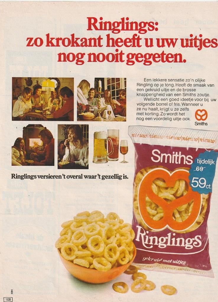 Retro reclame 1972 Smiths ringlings chips met uitjes, Verzamelen, Retro, Verzenden, Overige typen