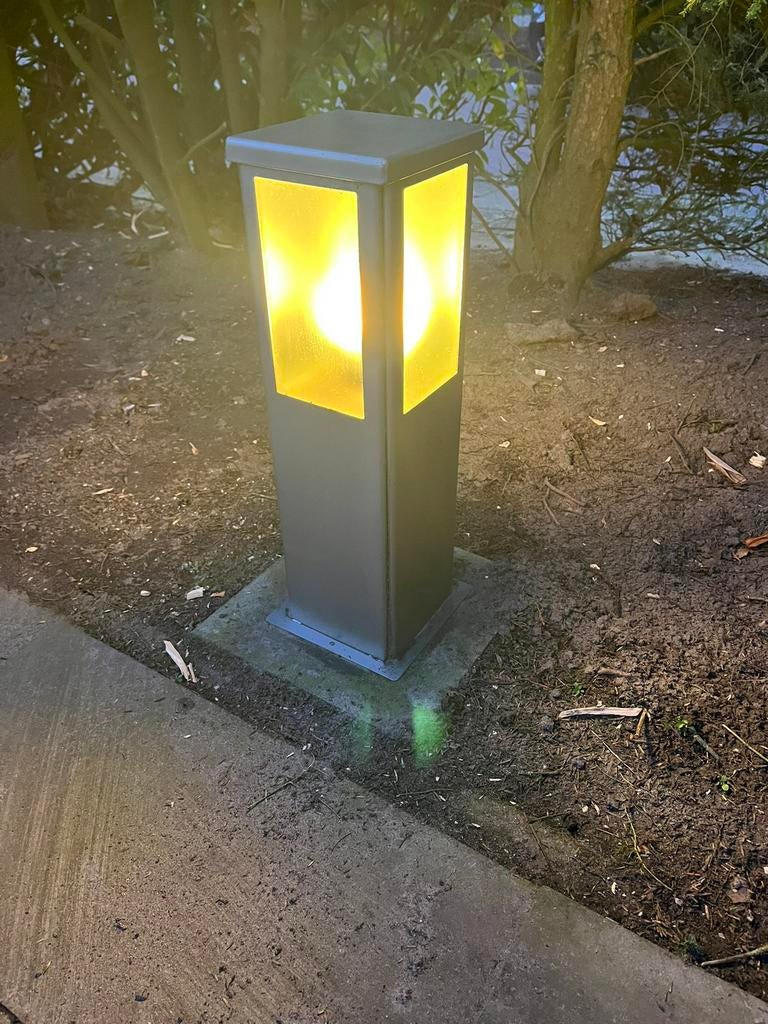 6 stuks RVS buitenlampen met betonvoet., Tuin en Terras, Ophalen, Minder dan 50 watt, Staande lamp, Rvs