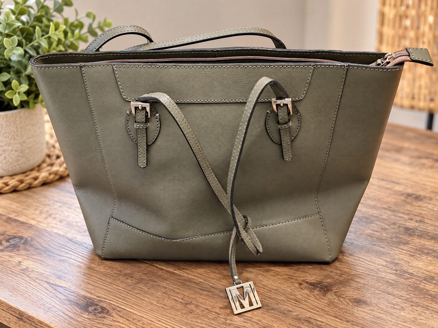 Manfield handtas olijfgroen (saffiano look), Ophalen of Verzenden, Gebruikt, Groen, Shopper