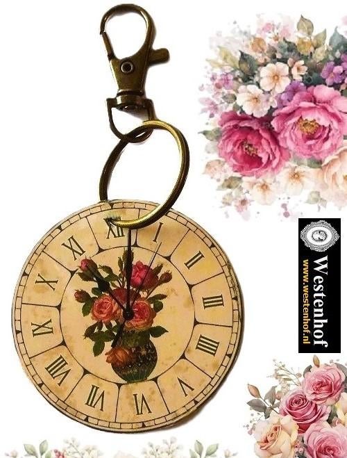 Sleutelhanger vintage klok hout bloemen in vaas metaal brons, Verzenden, Nieuw