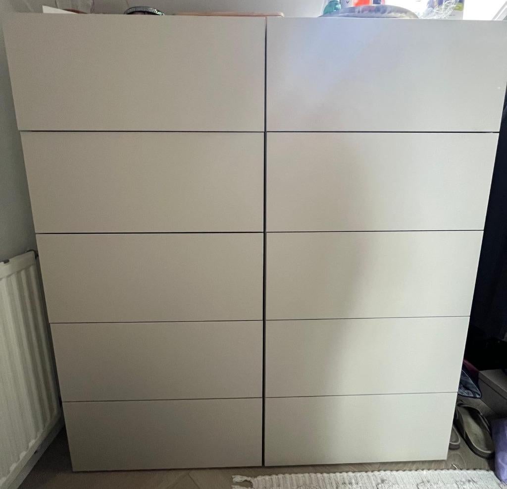 BESTÅ ladekast met LAPPVIKEN lichtgrijs-beige frontjes, Ophalen, 5 laden of meer, 100 tot 150 cm, 50 tot 100 cm