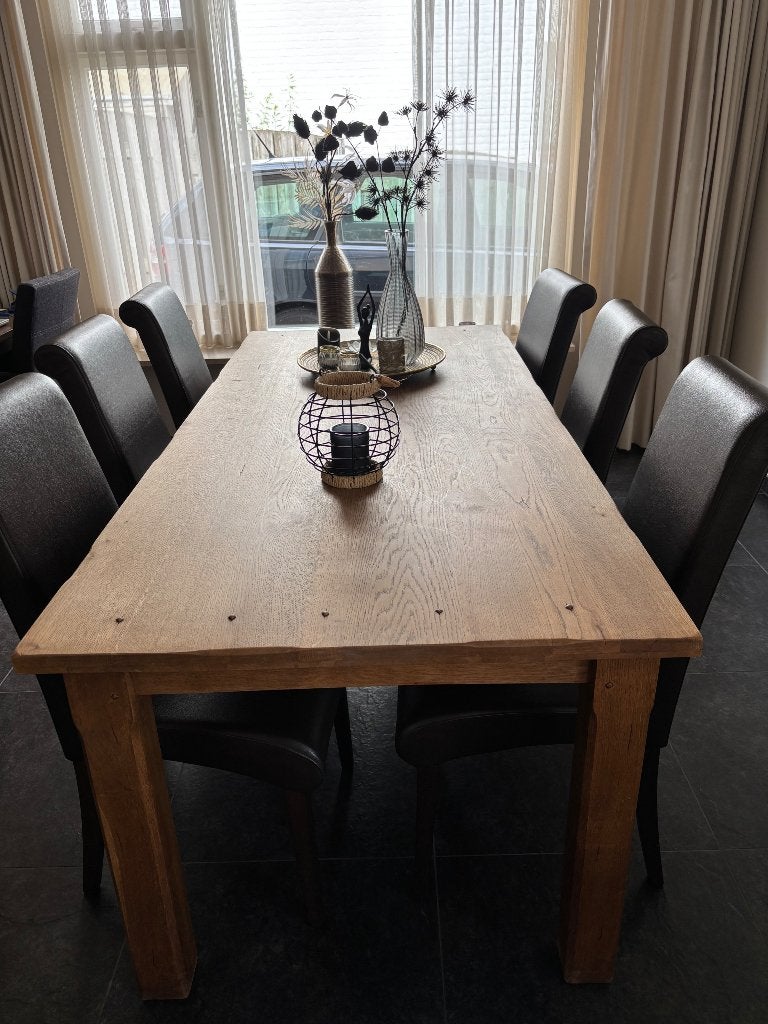 Stijlvolle eiken eettafel met 6 leren stoelen, Huis en Inrichting, Ophalen, Gebruikt, Klassiek, Eikenhout