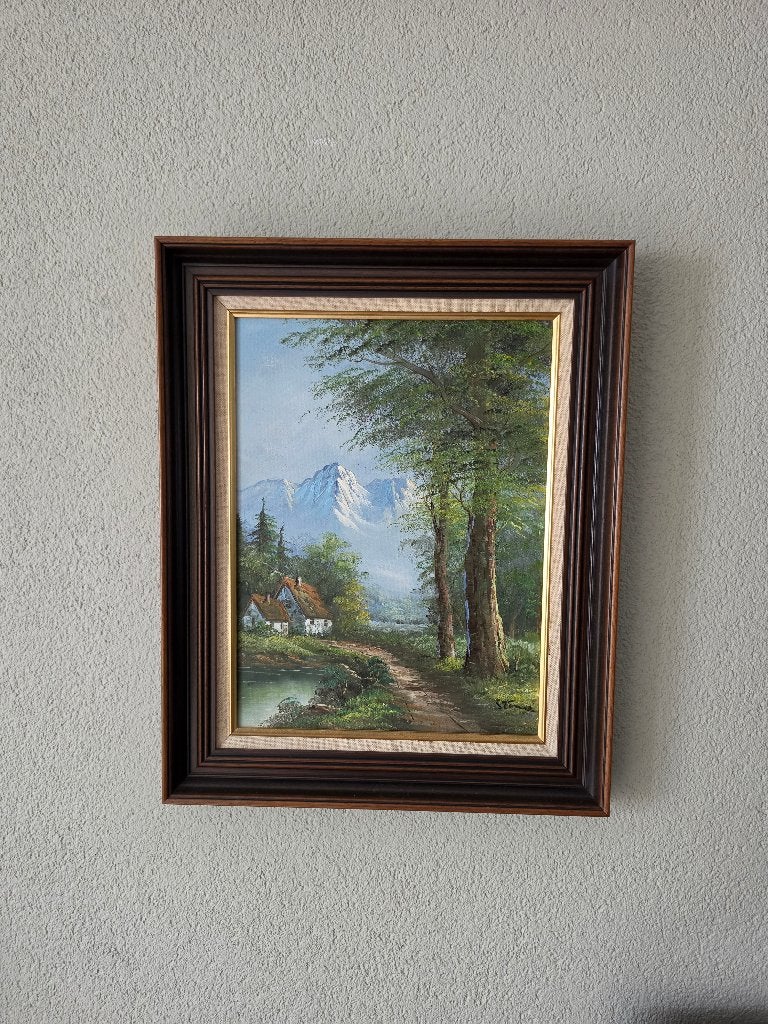 Schilderij "Berglandschap met huisje en bomen", Ophalen, Doek, Realistisch, Landschap
