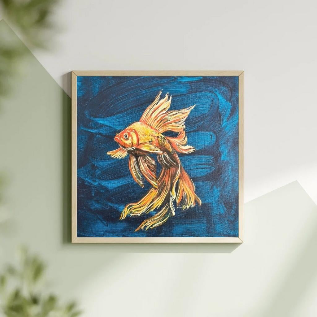 Schilderij Goudvis op donkerblauwe achtergrond - Acryl, Ophalen of Verzenden