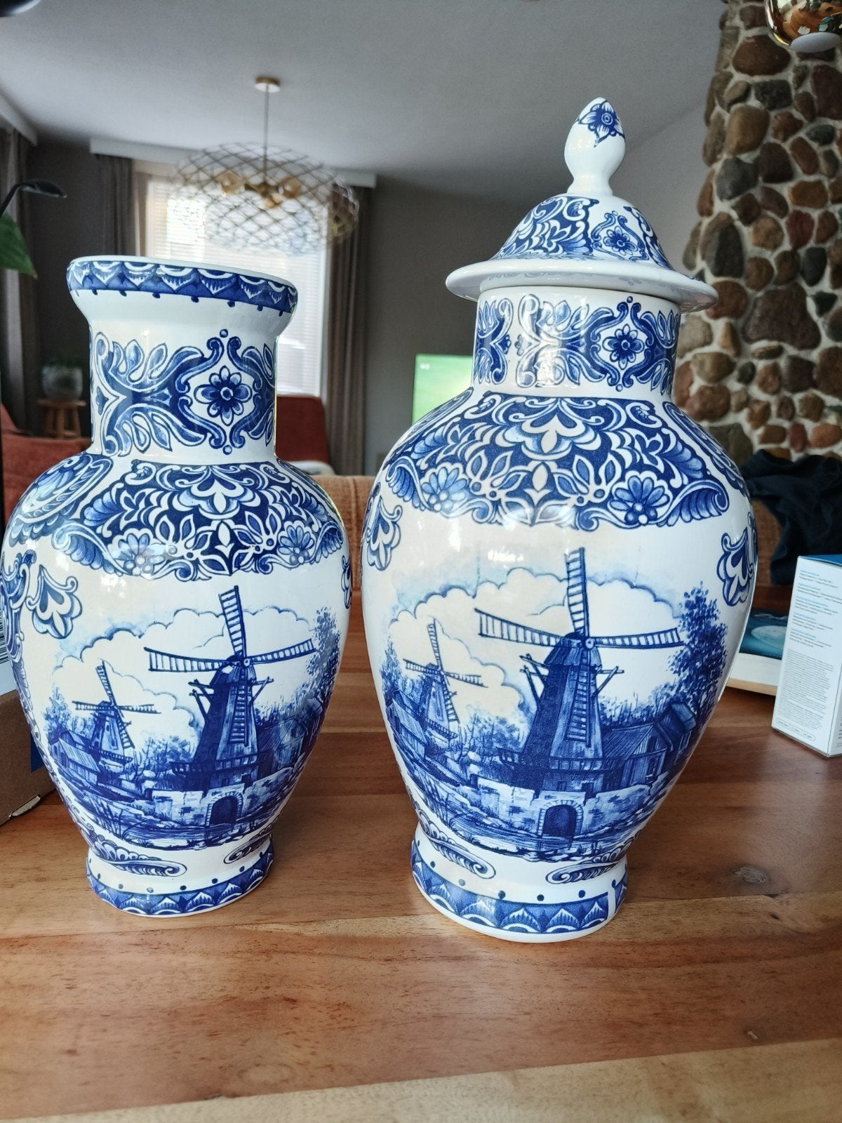 Mooie set Delfts Blauwe vazen - T. Delfts Bleau met molens, Antiek en Kunst, Ophalen of Verzenden