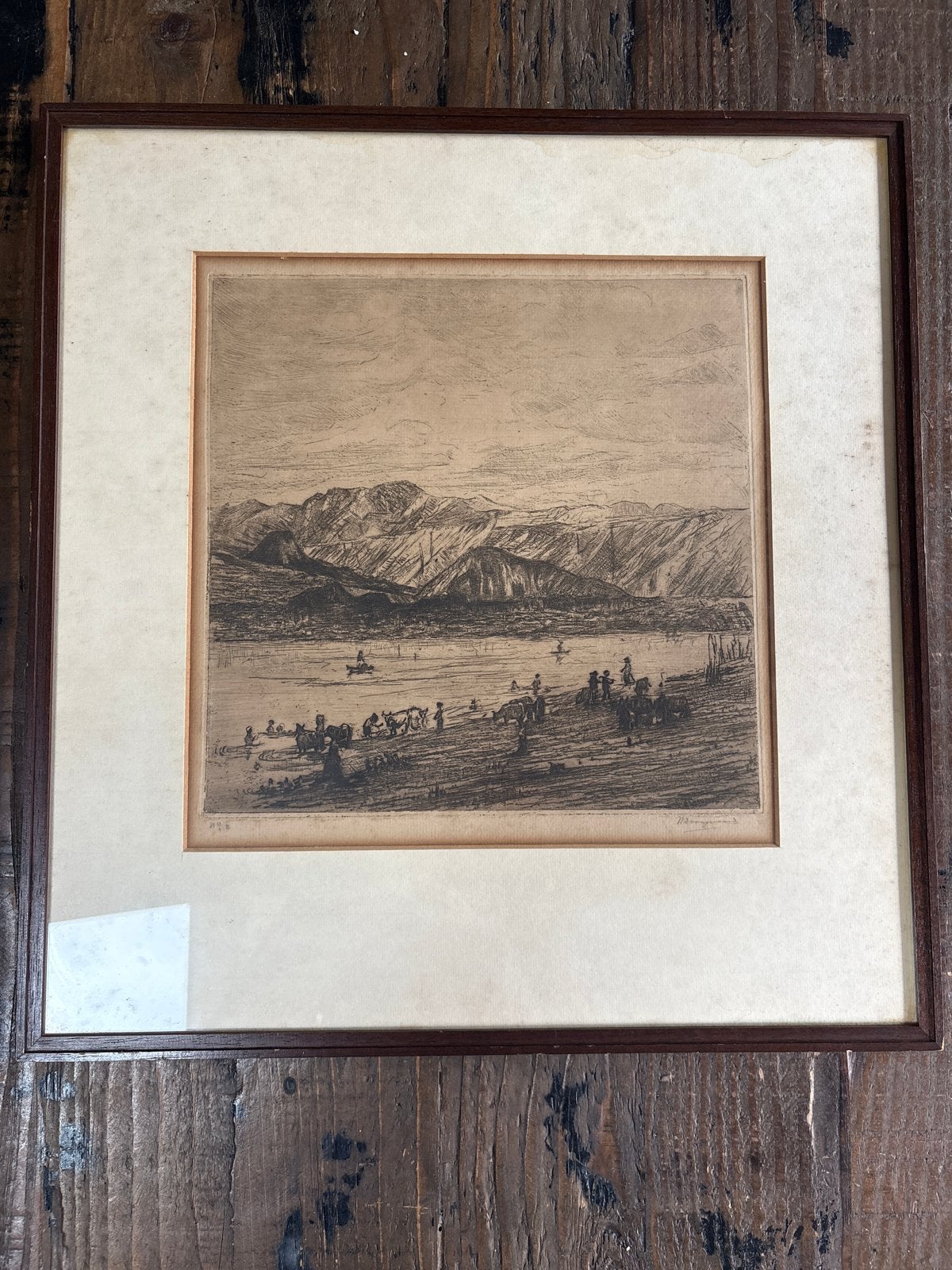 Ingelijste ets van Dooyewaard, Landschap met Bergen, Ophalen, Ets, Gesigneerd, Landschap