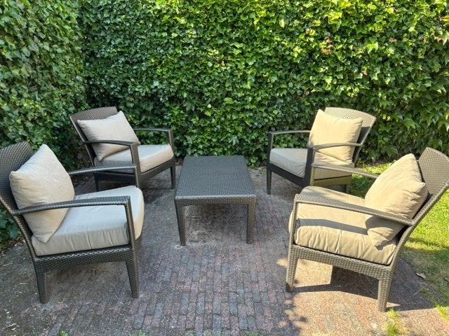Dedon 5 delig tuinset met opbergbox voor de kussens, Ophalen, 4 zitplaatsen, Kunststof, Gebruikt