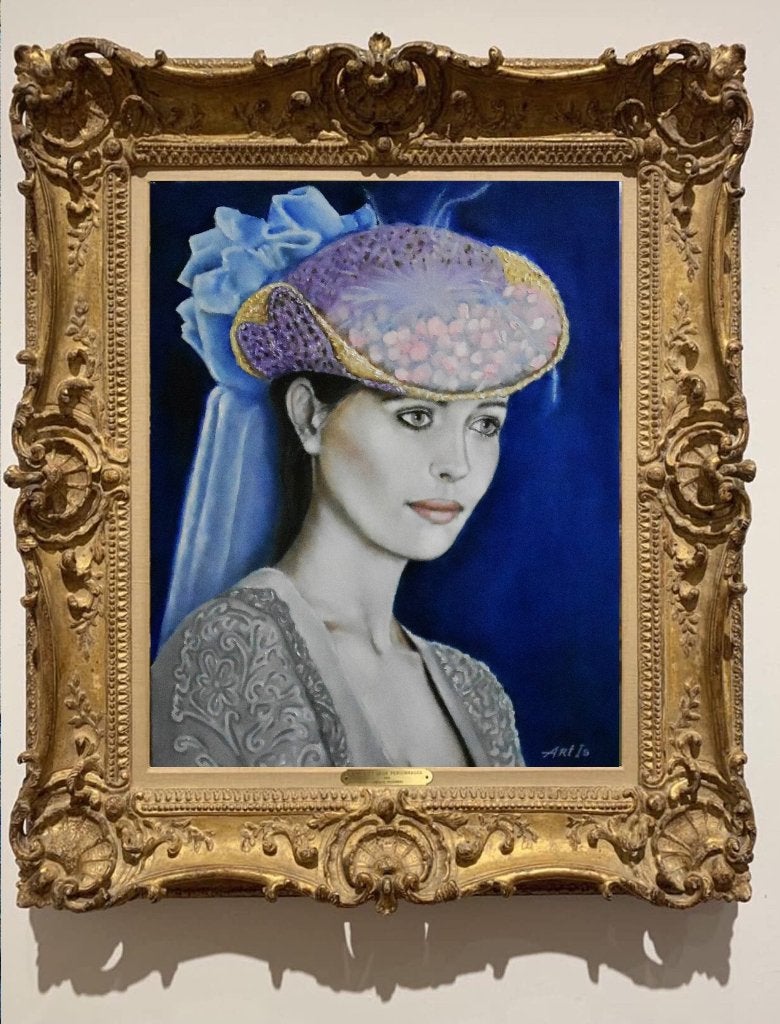 "Portret van een edelvrouw" Schilderij, Verzenden, Portret, Textiel, Op houten frame