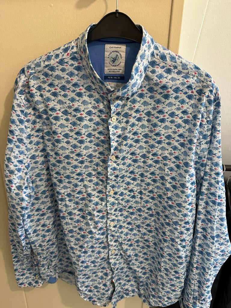 A Fish Named Fred overhemd met vissenprint, maat 3XL, Kleding | Heren, Ophalen of Verzenden, Zo goed als nieuw, Blauw, Overige halswijdtes