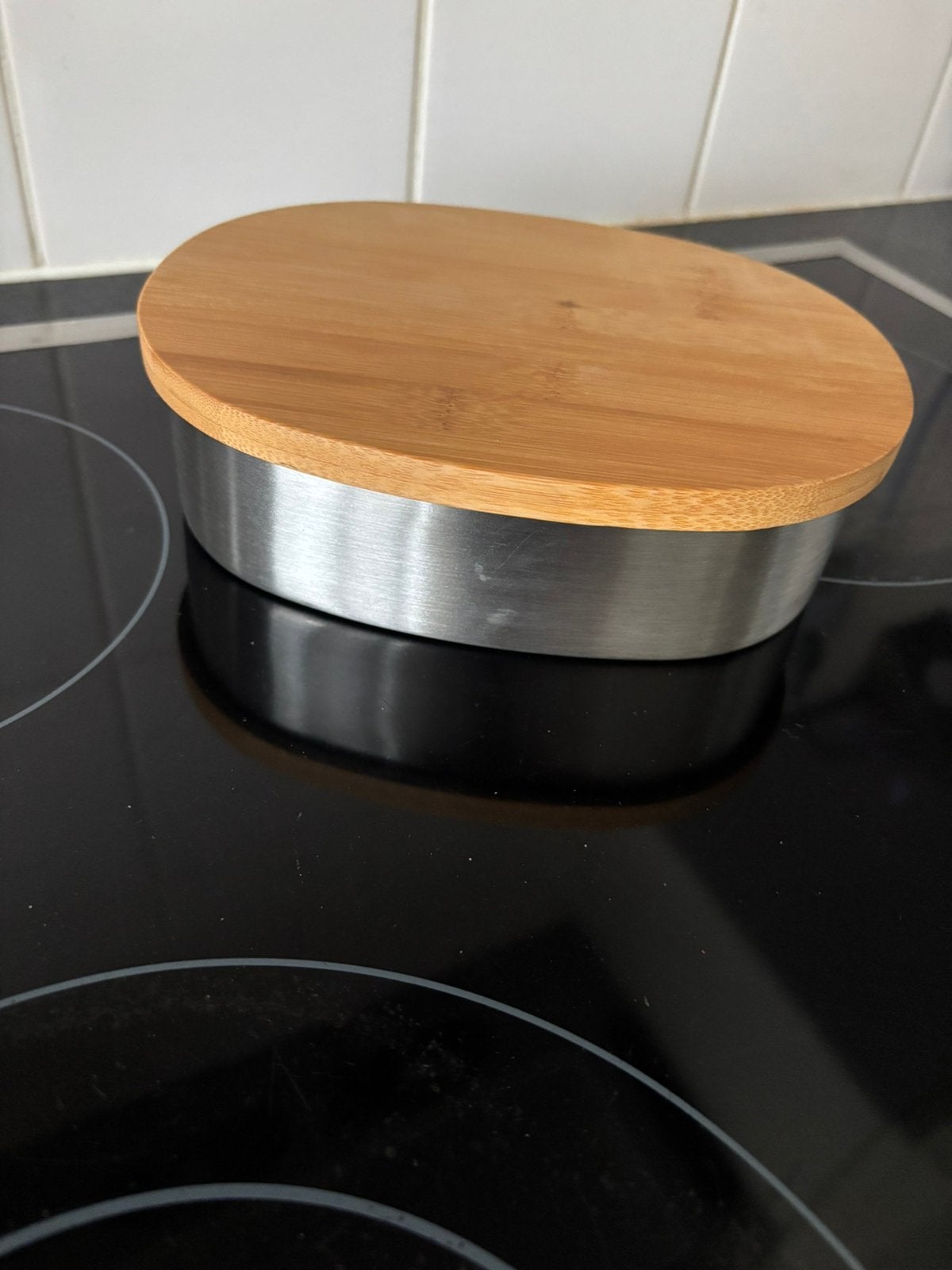 Mooie royale RVS lunchbox met houten deksel/snijplank, Verzenden, Zo goed als nieuw